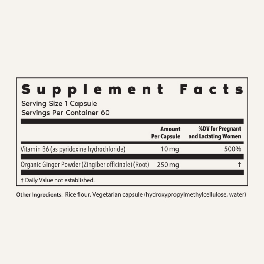 Ginger and B6 Supplement Facts Panel - 250mg of Ginger & 10mg of Vitamin B6